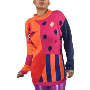 Vintage Pasta Sweater Orange Multi Abstract Intarsia Chunky Shoulder Pads Small